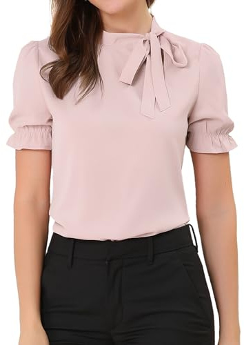 Allegra K Women's Bow Tie Neck Tops Elegant Office Short Sleeve Blouse Pink 8