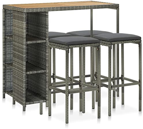 vidaXL Set de Bar para Jardín 5 Piezas y Cojines Asiento Silla Mesa Patio Terraza Barra Bistró Muebles Mobiliario Ratán Sintético Gris