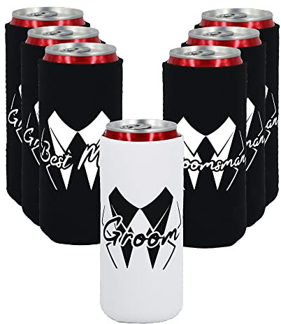 Lady & Home Dosenkühler für Junggesellenabschied, Bräutigam und Trauzeugen, schlank, zusammenklappbar, für Junggesellenabschied, Schwarz, 7 Stück