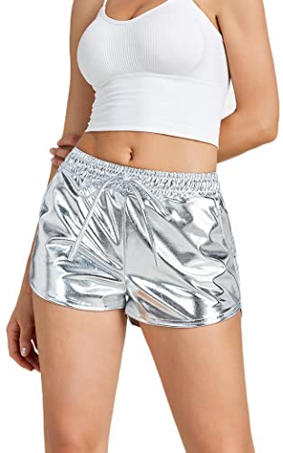 NewL glänsande metalliska sexiga shorts kvinnor hög midja reflekterande byxor glittrande outfit elastisk midja rave dans fest, SILVER, L
