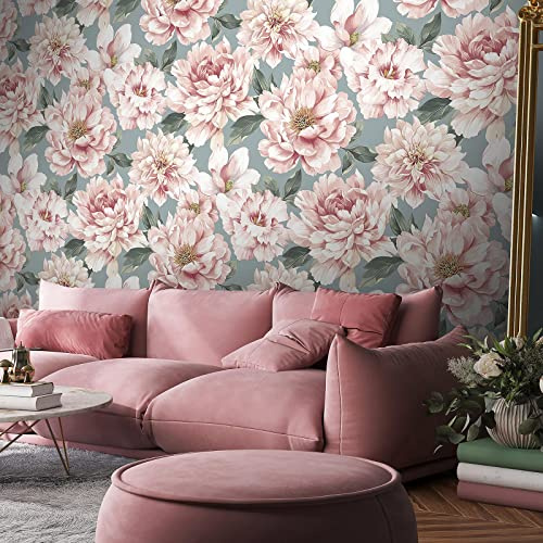 RASCH (U.K) Limited Dimension Large Floral Wallpaper - Modern for Living Room, Bedroom, Fireplace Decorative Luxury Nature Wall Paper with Delicately Illustrated Flowers (Pink/Musky Blue), 283753