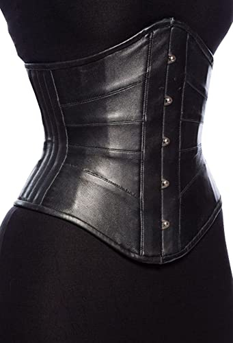 Genuine Leather Corset Women's Underbust Waist Trainer Heavy Duty Side Steel Boned Corset (US, Alpha, Large, Regular, Regular, Black)