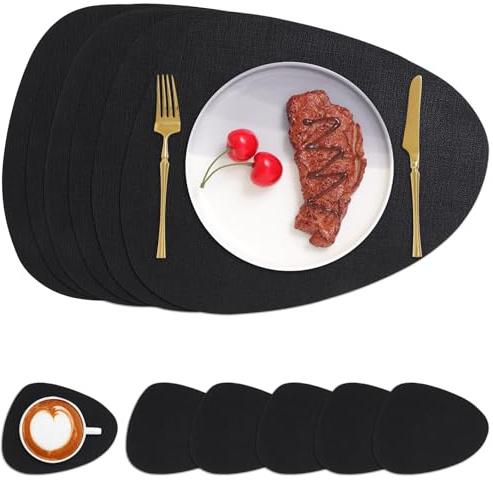 Chitomars Placemats and Coasters Set of 6 Dual Sided Faux Leather Table Mat | Heat Resistant Washable Place Mats Non Slip Waterproof PU Leather Placemat for Dining Table Indoor Outdoor (Black)