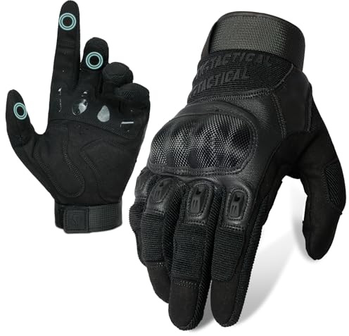 1TG Tactical Taktische Handschuhe, Touchscreen Motorradhandschuhe mit Kohlefaser Knöchelprotektor Vollfinger Militär Einsatzhandschuhe für Motorrad, Jagd und Security, Schwarz, L