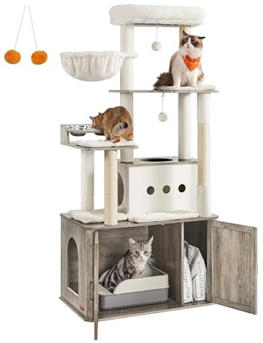 Feandrea Cat Tree, 66.9-Inch Cat Tower with Litter Box Enclosure, Large Condo with Food Station, Storage, Scratching Posts, Cave, Hammock, Washable Cushions, Heather Greige UPCT169K02