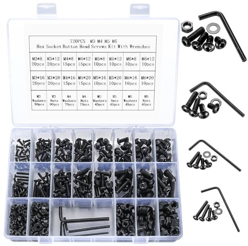 720 Pcs M3 M4 M5 M6 Boulons et Écrous, Vis à Tête Hexagonale et Écrous, Vis à Six Pans Creux avec Rondelles Kit, Boulons à Tête Cylindrique Hexagonale Noire pour Vélo, Moto