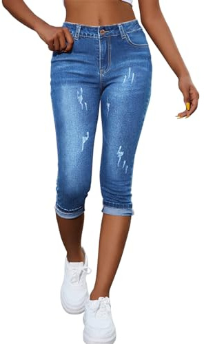 Onsoyours Jeans Capri Donna Eestivi 3/4 Jeans a Vita Alta Eleganti Elasticizzati Corti Pantaloni in Denim Jeggings B Azzurro L
