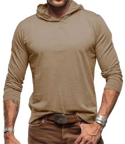 seiveini Homme T-Shirt Manches Longues à Capuche Coupe Ajustée Basique Tee Shirt Couleur Unie Sweat Pull Décontractée Automne Printemps A Kaki L