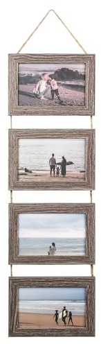 XTDMJ 6x4 Picture Frames for Multiple Pictures with Twine, 4 Horizontal Wall Hanging Picture Frames Integrated Wall Hanging to Decorate Your Home, Living Room or Office(Distressed Grey)