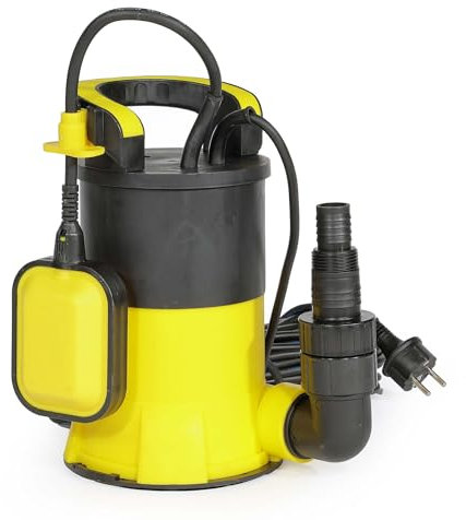 Wiltec Pompe à eau immergée à aspiration plate 550 W – Jusqu’à 1 mm – 12500 l/h – Refoulement max. 7 m, profondeur max. 7 m – Interrupteur à flotteur, Thermorégulateur – Pompe submersible Eau propre