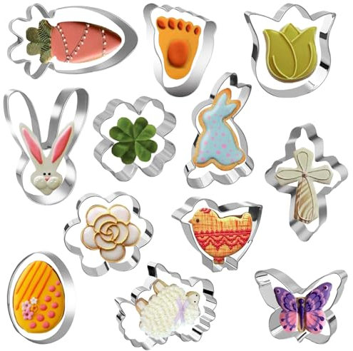 Jsdoin Easter Cookie Cutters, 12 Pieces Stainless Steel Biscuit Cutters with Bunny, Carrot, Clover, Flower, Butterfly, Easter Egg, for Pastry Baking Chocolate Cookie DIY, Easter Party Decoration