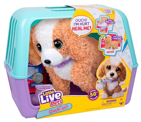 Little Live Pets Ouchies Amazon Exclusive Hazel The Poodle Plush, 50+ Sounds, Limping to Walking Puppy Toy & Carrier, Interactive Puppy Toy for Kids 5+