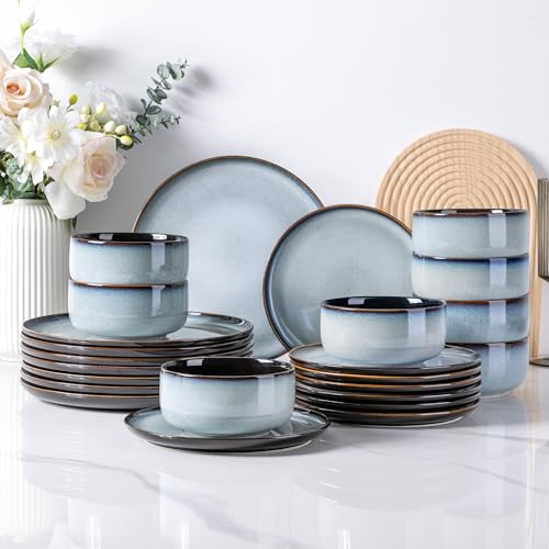 LeRatio Dinner Set for 8, 24 Piece Stoneware Plates and Bowls Set, Chip & Scratch Resistant Reactive Glazed Dinnerware Set, Dishwasher & Microwave Safe Crockery Set, Ocean Blue