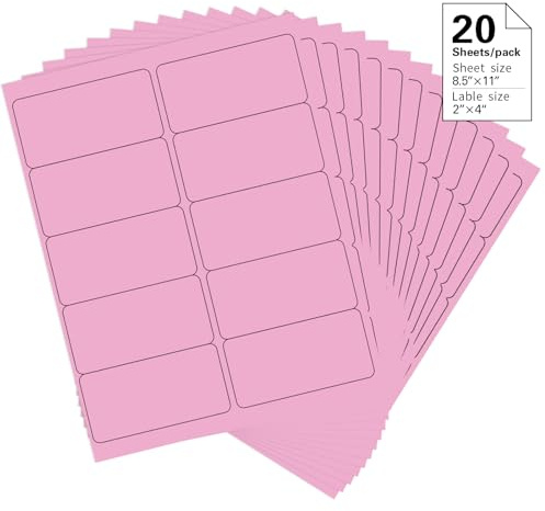2 x 4 Colored Address Labels, 200 Bright Pink Label Stickers- Laser/Ink Jet Printer Mailing Labels, 8.5x11 20 per Sheet