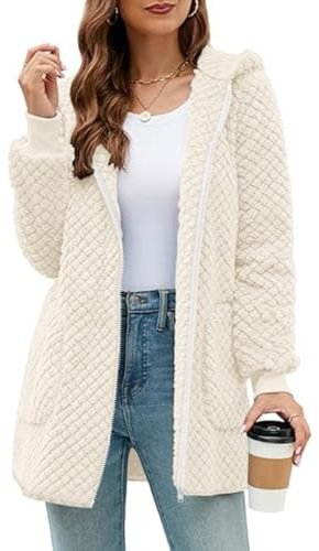 ABINGOO Giacca Felpa Peluche con Cappuccio Donna Cappotto Invernale in Pile Mantello Caldo Morbido con Cerniera e Tasche Felpa(Bianco,M)
