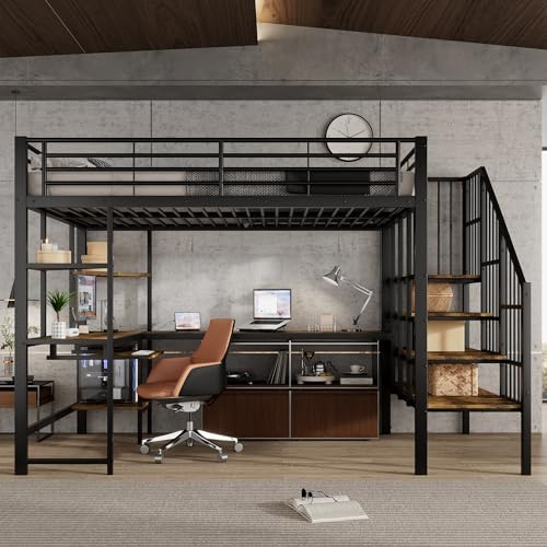Cama alta de 120 x 200 cm, cuna con puerto de carga, cama de hierro con escalera esquinera