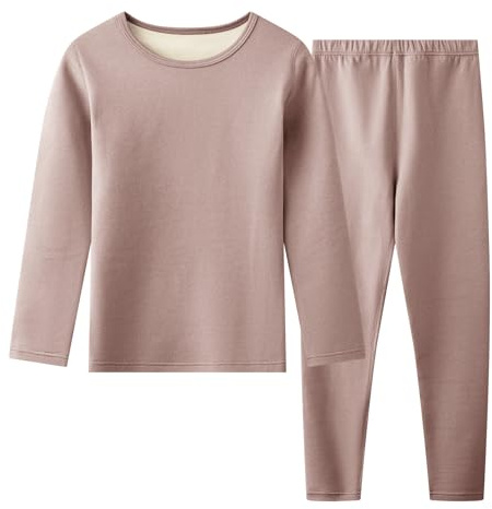 Hoseay Conjunto Ropa Interior Térmica Niños, Cálido Forro Polar Camiseta Manga Larga y Pantalón 2 Piezas Capa Base, Térmicas Set Otoño Invierno Deportes Esquí para Niño 7-8 Años, Caqui