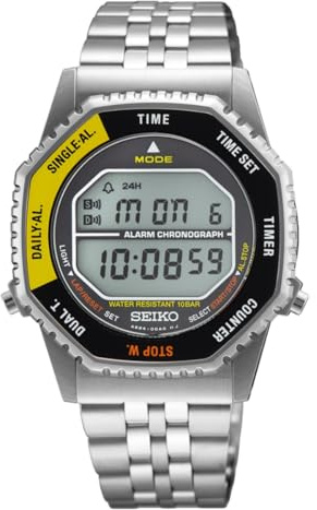 Seiko Klassik Digital Chronograph Herrenuhr, Edelstahl, 37 mm, Edelstahlarmband, Silber, 10 bar, LCD-Display, Zwei Zeitzonen, Countdown, Alarm, Kalender, Messung von Zwischenzeiten, SMGG17P1