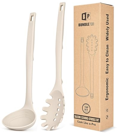 Set di forchetta per pasta e mestolo in silicone, resistenti al calore, antiaderenti, con ganci posteriori, adatti per cucinare, mescolare, servire spaghetti, zuppe, salse (kaki)