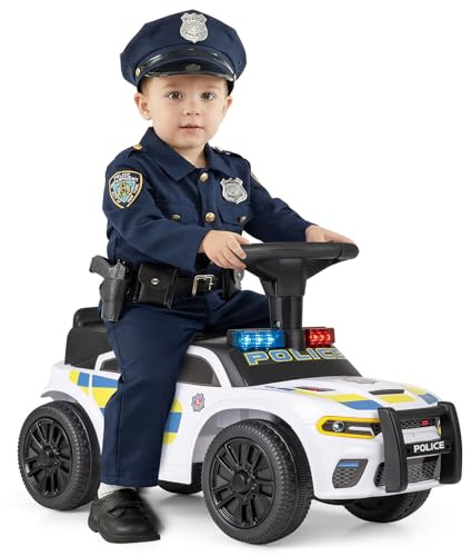 COSTWAY Porteur Enfant de Police avec Lumières Clignotantes, Musique et Sirène, Véhicule à Pousser avec Coffre à Jouets sous Siège, Dispositif Anti-basculement, Charge 20kg pour 18 Mois+ (Blanc)