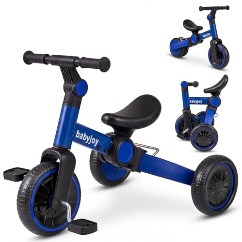 COSTWAY 5-i-1 springcykel trehjulig, hjul med avtagbara pedaler, justerbar ratt och bakhjul, hopfällbar barncykel, springcykel för barn från 1 år till 4 år (blå)
