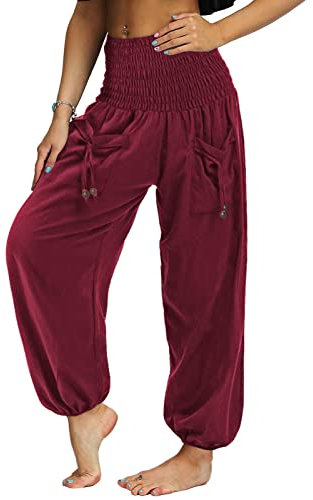 Nuofengkudu Herren Hippie High Waist Haremshose Leicht Pumphose Harem Hosen Locker Schlicht Baggy Boho Viskose Pluderhose Yoga Pants Sommerhose Freizeithose Pyjamahose Thaihose Homewear Rot XL