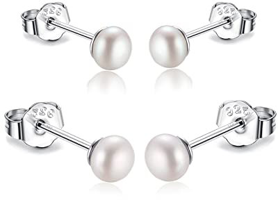 2 Paar Süßwasserperlen Ohrringe - Winzige 3mm 4mm 5mm Echte Weiß Süßwasser-Zuchtperlen Ohrstecker - 925 Sterling Silber Perlenohrstecker für Mädchen