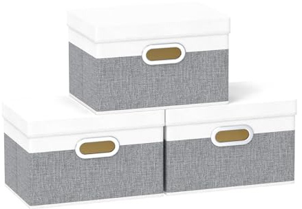 Yawinhe Storage Box with Lids 3 Pack, Collapsible Clothing Shelf Basket, for Organizing Clothes, 32x23x20cm, White/Grey, SNK023WG-3