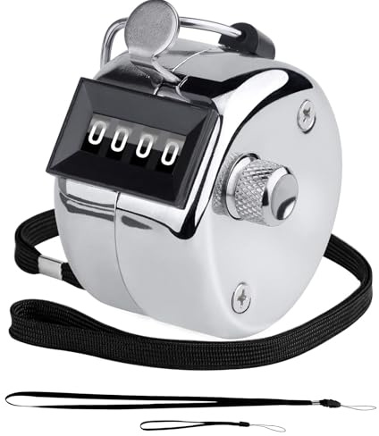 BGJRBY Metal Hand Tally Clicker Counter, 4-Digit Number Display for Coaching, Knitting, Lap, Fishing, Golf and Row Sport with 2-Nylon Lanyard,Silver