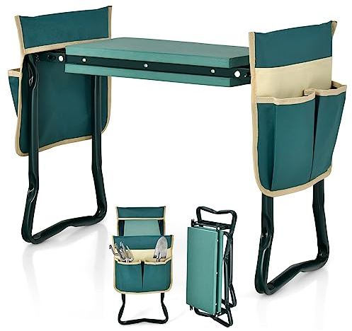 COSTWAY Folding Garden Kneeler and Seat, 2-in-1 Portable Kneeling Stool with 1/2 Tool Pouches and EVA Foam Pad, Gardening Bench Chair for Seniors (20cm Width Pad, 2 Pouches)