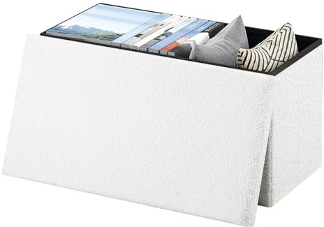 eSituro Sitzbank mit Stauraum, Faltbarer Sitzhocker, Truhenbank mit Deckel, Sitztruhe, Fußhocker, Aufbewahrungstruhe, Polsterbank aus Teddyfleece, 80 L, 300 kg belastbar, 76x37x38 cm, weiß