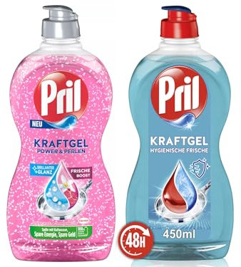 PRIL Kraftgel-Set 1x Power & Perlen Granatapfel & Orangenblüte & 1x Hygienische Frische, Handgeschirrspülmittel-Set mit höchster Fettlösekraft, für sauberes Geschirr, 2x 450ml