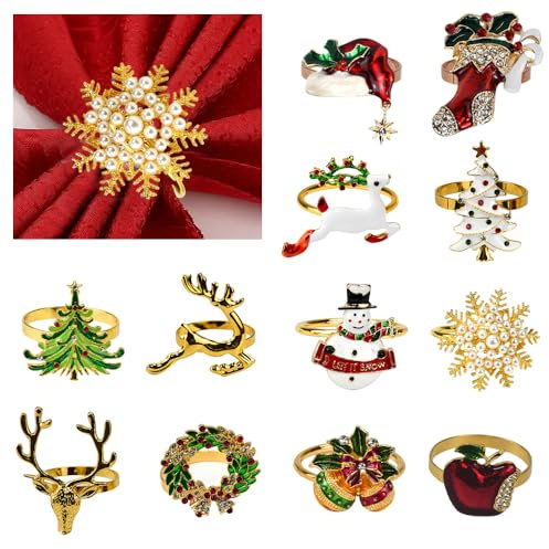 ADERTOS 12 STK Serviettenringe Weihnachten Gold Metall Serviettenring Hirsch Elch Form Servietten Ringe Vintage Schneeflocken Weihnachtsbäume Serviettenring Tishdeko für Hochzeit, Esstisch, Deko