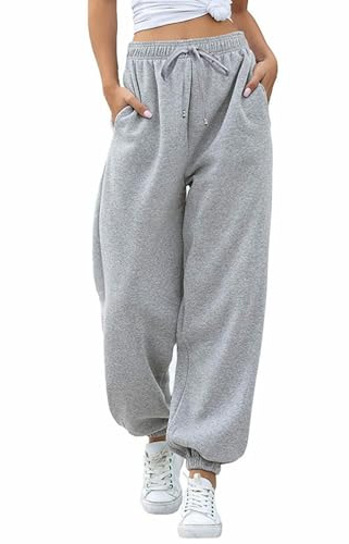 Pantaloni Della Tuta Da Donna Con Fondo Cinch - Tinta Unita a Vita Alta, Baggy Joggers, Lounge Sportivi, Grigio, M