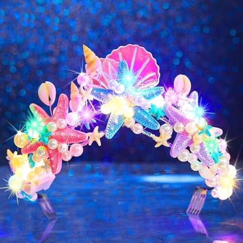 Handcess Bandeau lumineux en forme d'étoile de mer avec couronne et coquillages LED - Accessoire de cheveux pour femme