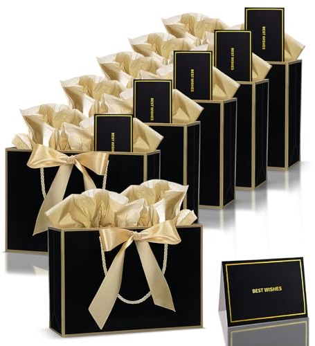 6 piezas Bolsas de Regalo con Lazo Oro Negro,Bolsa de Papel Cumpleaños Medianas con Asa,6 Tarjeta Felicitación y 12 Pañuelos,Embalaje Regalo para Cumpleaños,Fiestas,Bodas,Baby Showers,Celebración