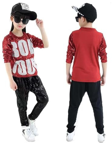 LOLANTA Traje de Retro Hip Hop con Lentejuelas para Niños Disfraz de Danza Callejera Infantil Trajes de Danza Moderna Jazz Disco Brillante Conjunto Top Pantalones, Rojo, 10-11 años, 150