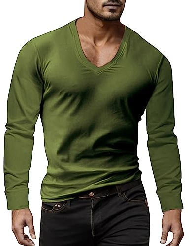Tee Shirt Homme Sport, T Shirt Manche Longue Homme Col en V Décontracté Couleur Unie Classiques Chic Confortable Haut Tous Les Jours Passe-Partout Basique Top Coupe Slim Doux Automne Pullover