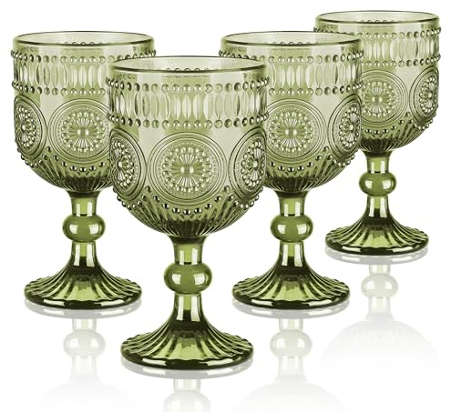 Joeyan 350ml Bicchieri acqua Vetro Verde Calici,4 pezzi Colorati Bicchieri Decorati Vetro in Girasoli Rilievo,Vintage Calici Vino Rosso/Bianco per Cocktail aperitivo Grappa,Lavabile in Lavastoviglie