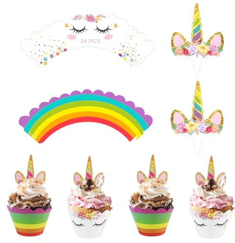 Topper per Torte di Unicorno,24 Set Cupcake Toppers e Wrappers Decorazioni per Cupcake Unicorno CakeTopper Compleanno Decorazioni Torta,per Bambina Bambini Tema Party Regalo