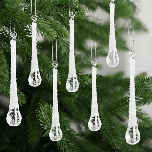 LOYIM 24 Pcs Icicle Teardrop Glass Ornaments Winter Decor 6''/7''/9'' Frost Frozen Raindrop Clear Chandelier Crystal Hanging Ornaments, Winter Wedding Party Decor(White)