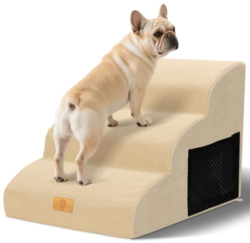 Thihome Scaletta per Cani 3 Gradini, Scala per Animali Domestici in Spugna ad Alta Densità, Scala per Cani di Piccola Taglia, Rampa cane per Letto, con Rivestimento Lavabile e Base Antiscivolo, Beige