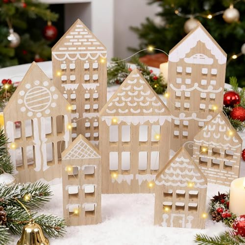 KIKVTER Adornos Navidad Madera, 7 Piezas Casas Navideñas, Casa de Navidad para Decorar, Casitas de Navidads con Luces LED, Navidads Decoración Casa, Decoracion navidads Mesa, Adornos Invernales
