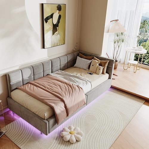 VixorLuilith Gepolstertes Schlafsofa 90x20cm mit LED-Beleuchtung und hydraulischem Stauraum, mit Holzlattenrost, Gästebett, Jugendbett, ohne Matratze, Samtstoff (Grau)