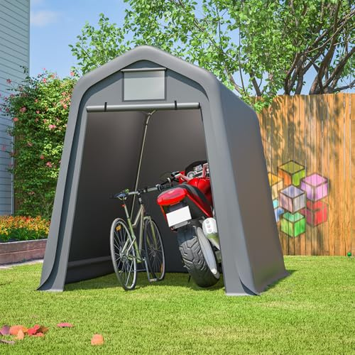 Jaxilyn Tenda da garage 183 x 244 x 213 cm, portatile da giardino con porta con cerniera e finestra, tettoia con telo impermeabile, per moto, generatore e biciclette, grigio