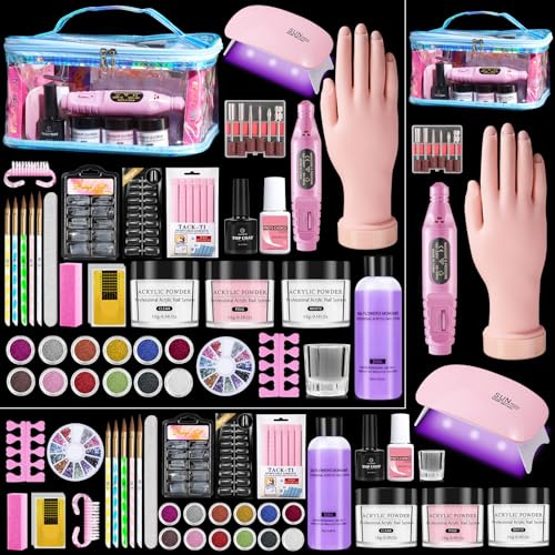 Akrylnagelkit för nybörjare med allt: Nagelakrylpulver och flytande set med övande handborr UV-lampa – nagelkonst startkit i rosa väska för hemsalong gör-det-själv (blå)