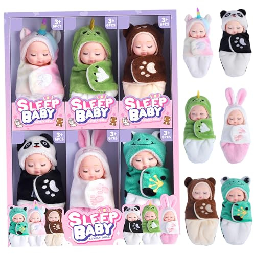 AZIDWERYQ 6 pièces Mini bébé poupée, 4 Pouces thème Animal Mini bébés avec Sac de Couchage réaliste bébé poupées pour Filles poupée