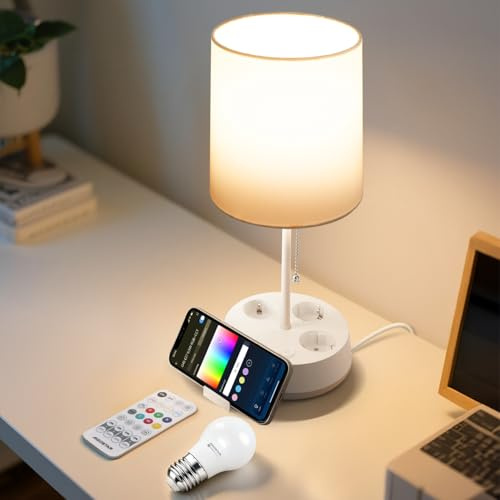 Aigostar- Lamparas de Mesita de Noche Inteligente Compatible con APP, Lámparas de Mesa Tela, 2700K-6500K y RGB Regulable, con 3 Enchufes (Type F), Mando a Distancia y Soporte para Teléfono, Blanco