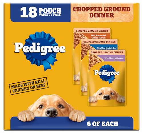 Pedigree Chopped Ground Dinner Wet Dog Food Pouches Variety Pack, 3.5 oz Pouches, 18 Count