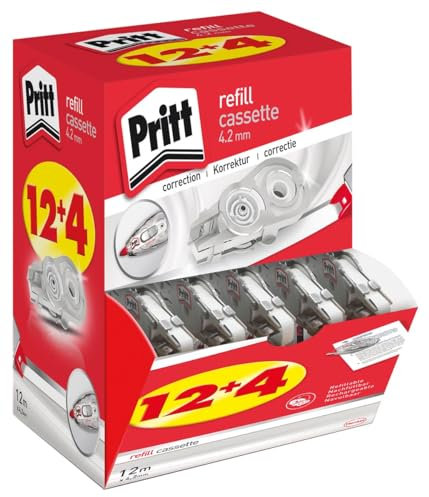 Pritt Nachfüllkassetten für Korrekturroller Refill Flex Roller Midway, 12 + 4 Kassetten im Display, Breite 4,2mm, Länge 12m, flexible und einziehbare Spitze, 9H PRX4M